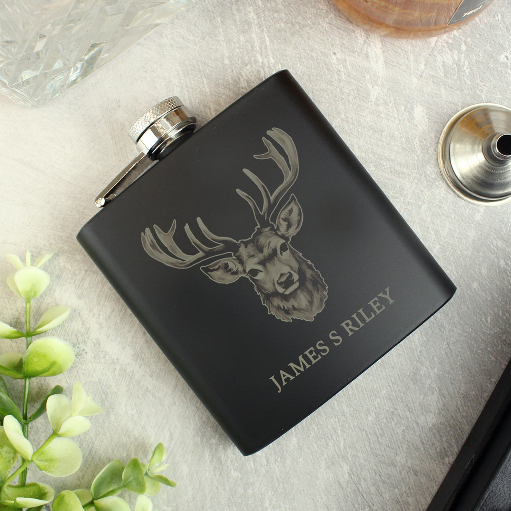 Personalised Stag Black Hip Flask | Christmas Gift
