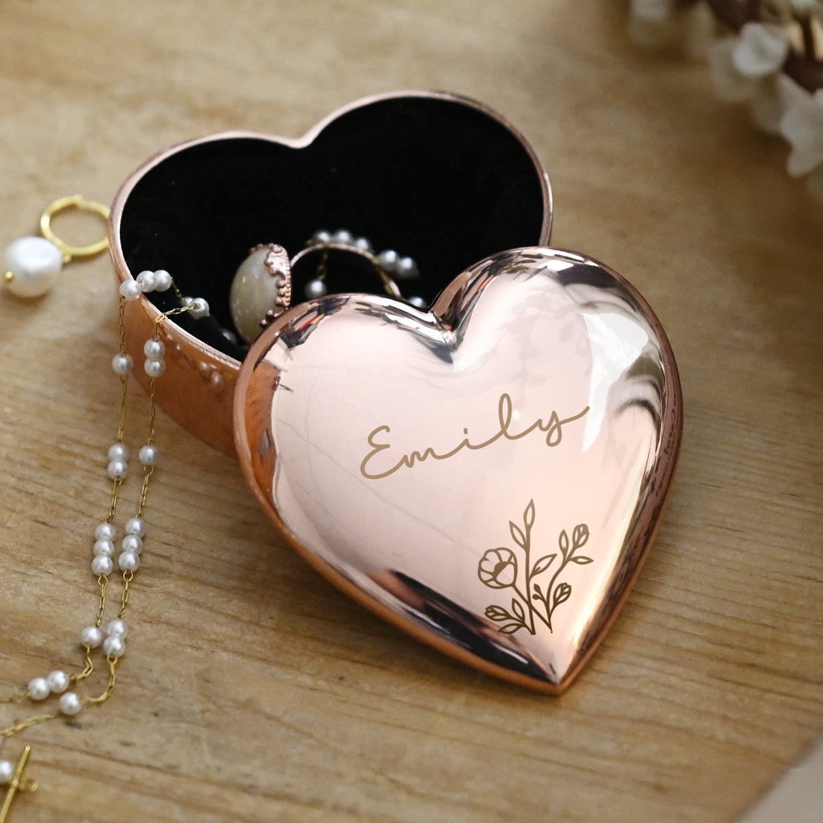 Personalised Floral Rose Gold Heart Trinket Box | Wedding Gift