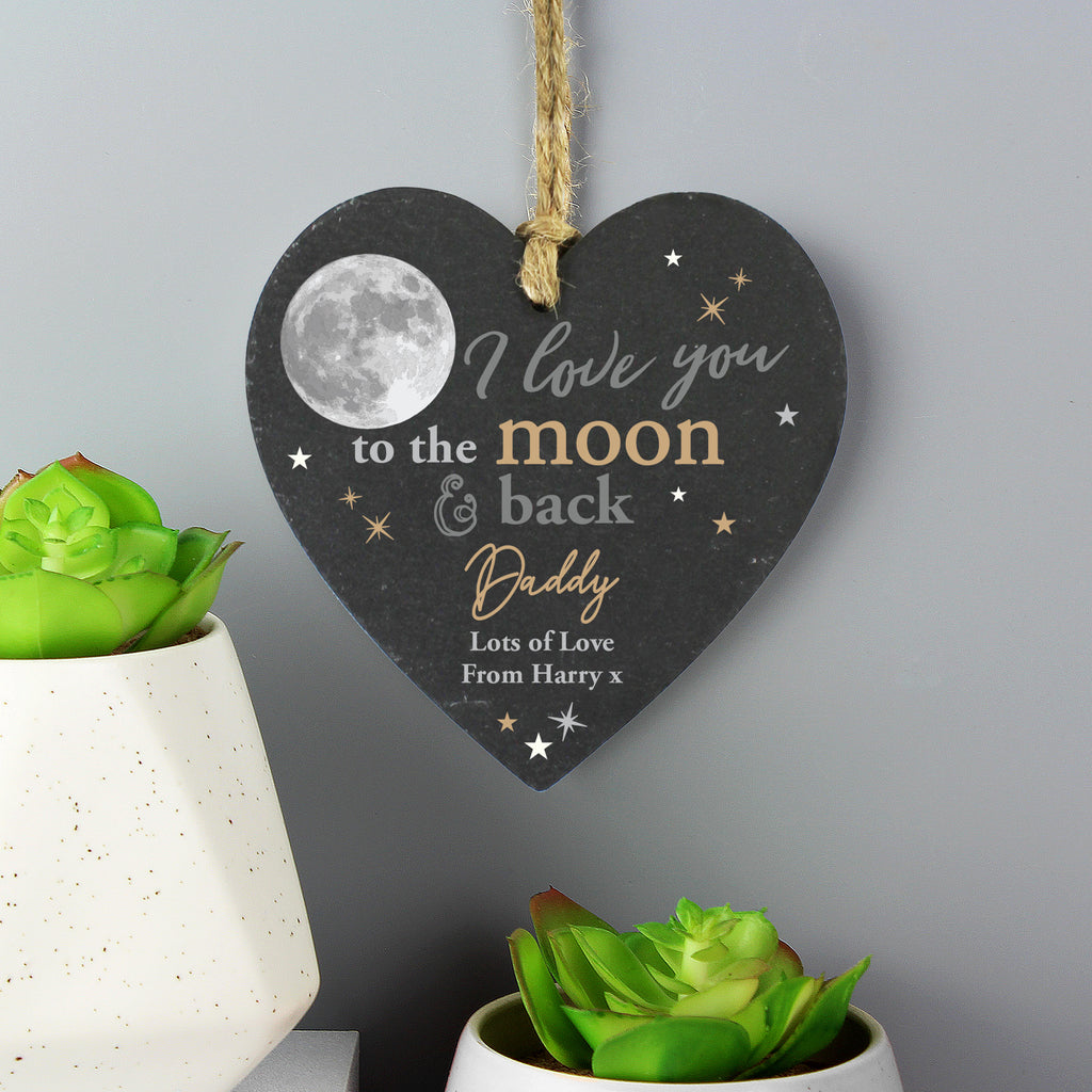 Personalised Moon and Back Slate Heart Decoration | Hanging Decorations & Signs | Inspired Creative Gifts