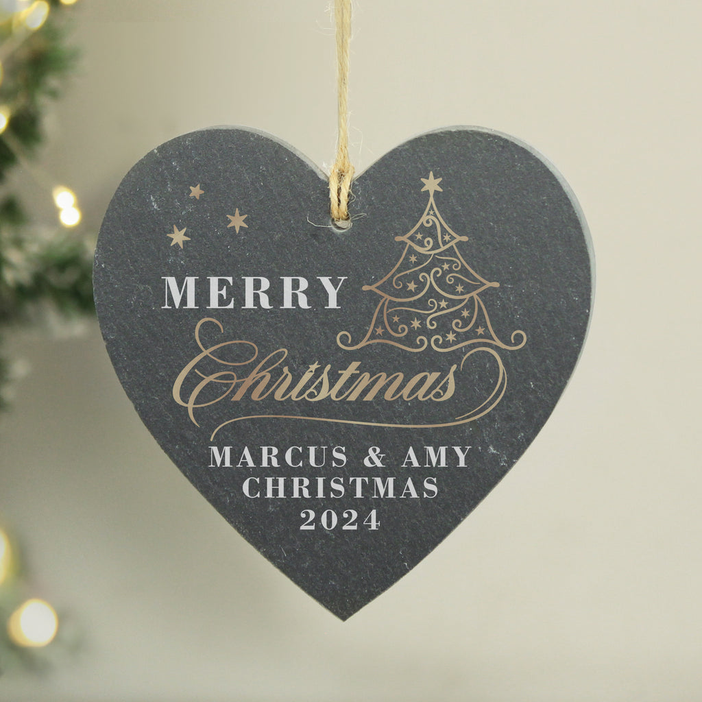 Personalised Gold Christmas Slate Heart Ornament for Christmas