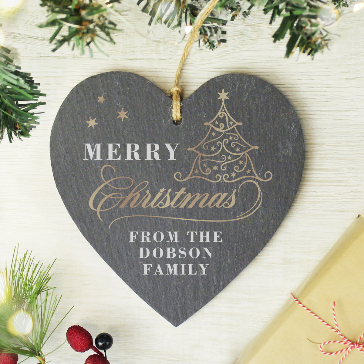 Personalised Gold Christmas Slate Heart Ornament for Christmas