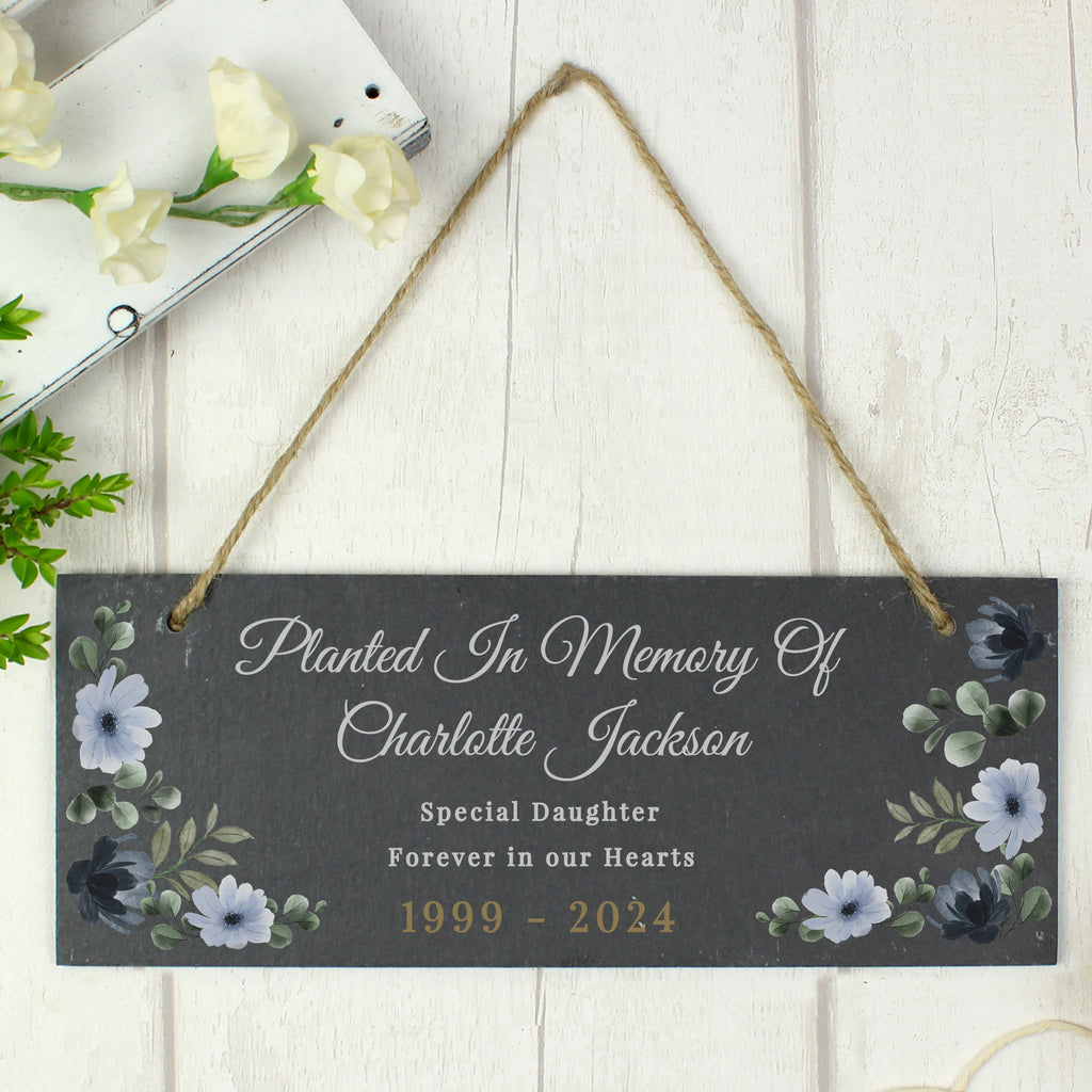 Personalised Memorial Floral Slate Hanging Ornament | Memorial Gift