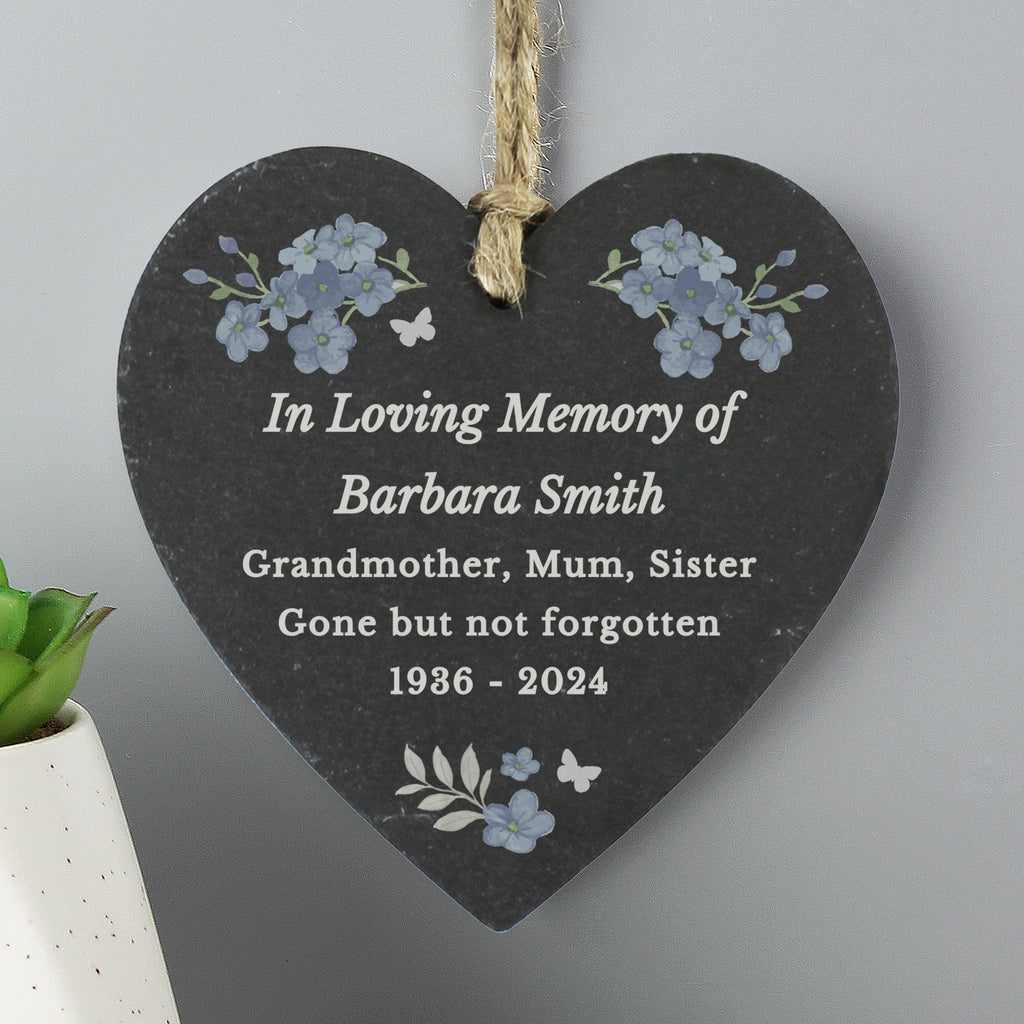 Personalised Memorial Forget Me Not Slate Heart | Hanging Decorations & Signs | Inspired Creative Gifts