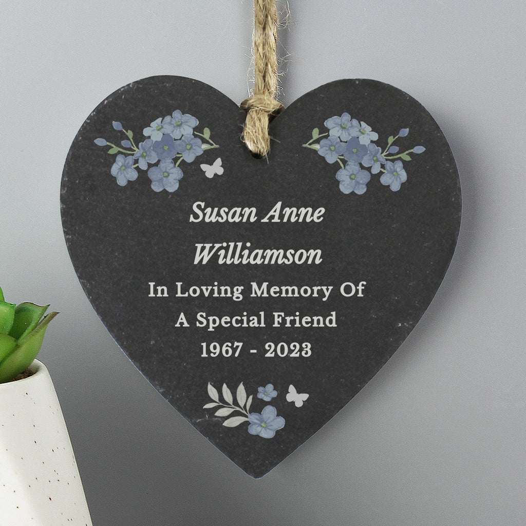 Personalised Memorial Forget Me Not Slate Heart | Hanging Decorations & Signs | Inspired Creative Gifts