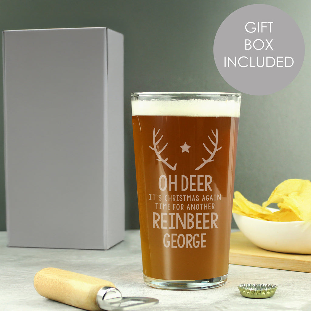 Personalised Time For A Reinbeer Pint Glass for Christmas