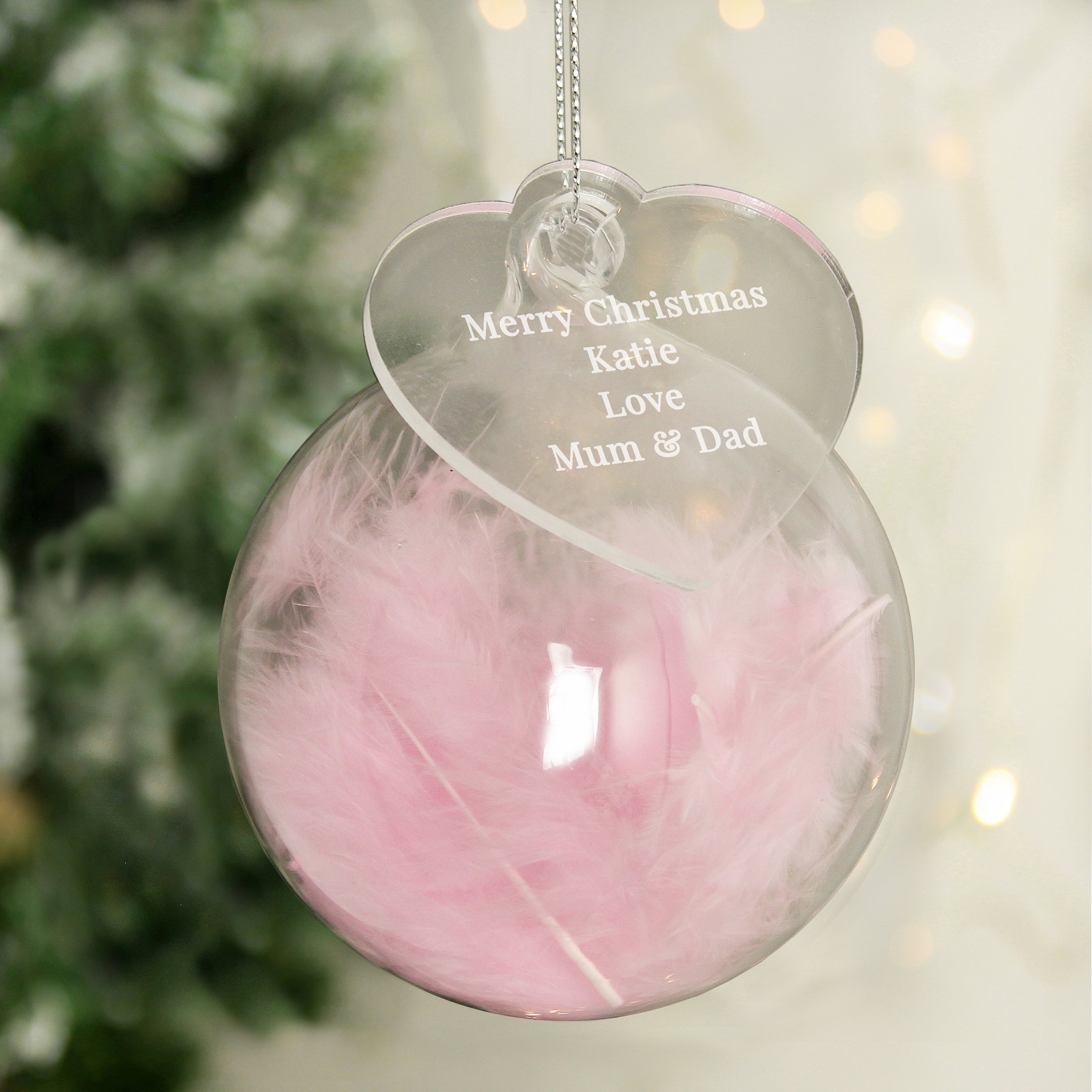 Personalised Free Text Pink Feather Glass Bauble With Heart Tag |  | Inspired Creative Gifts