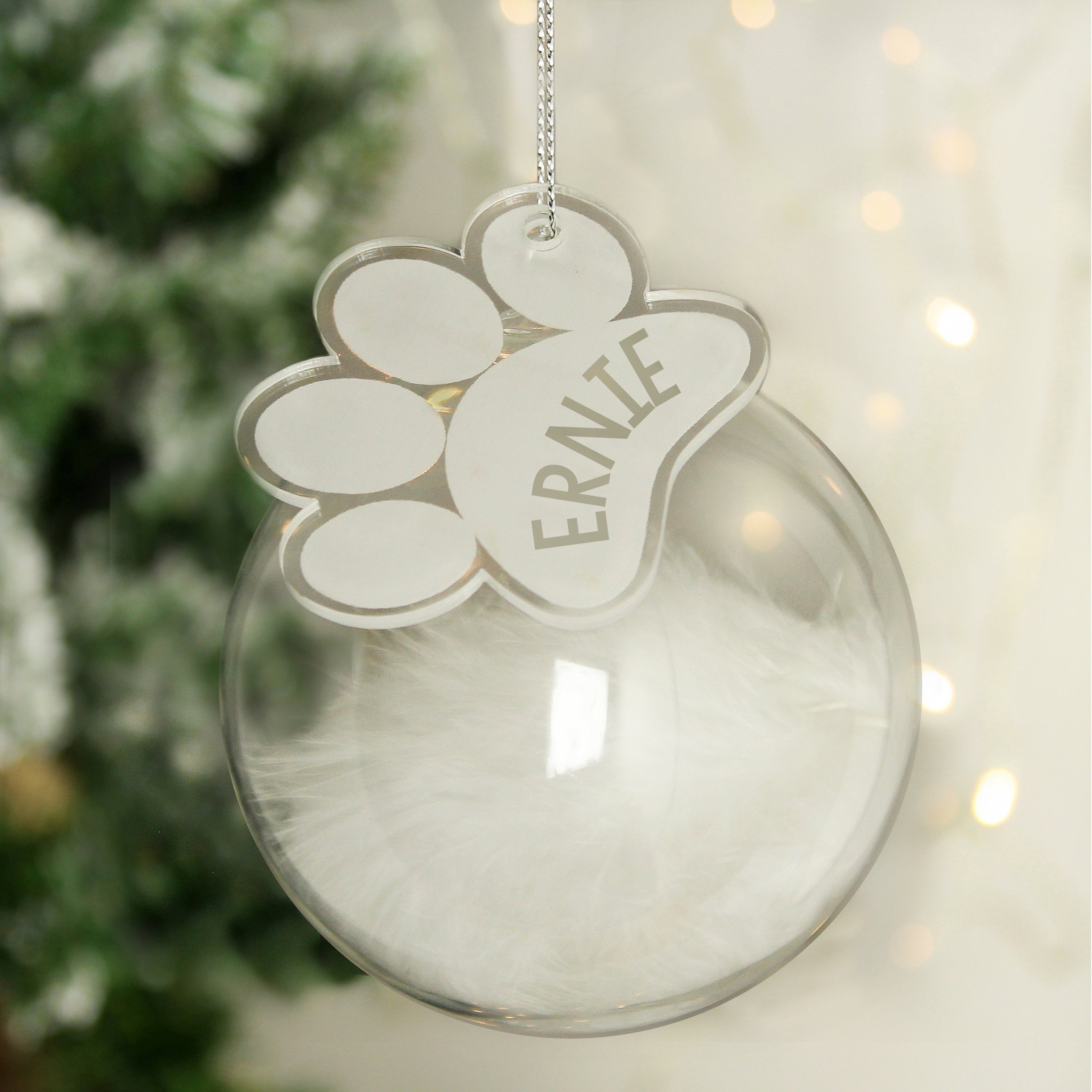 Personalised Pets White Feather Glass Bauble With Paw Print Tag |  | Inspired Creative Gifts