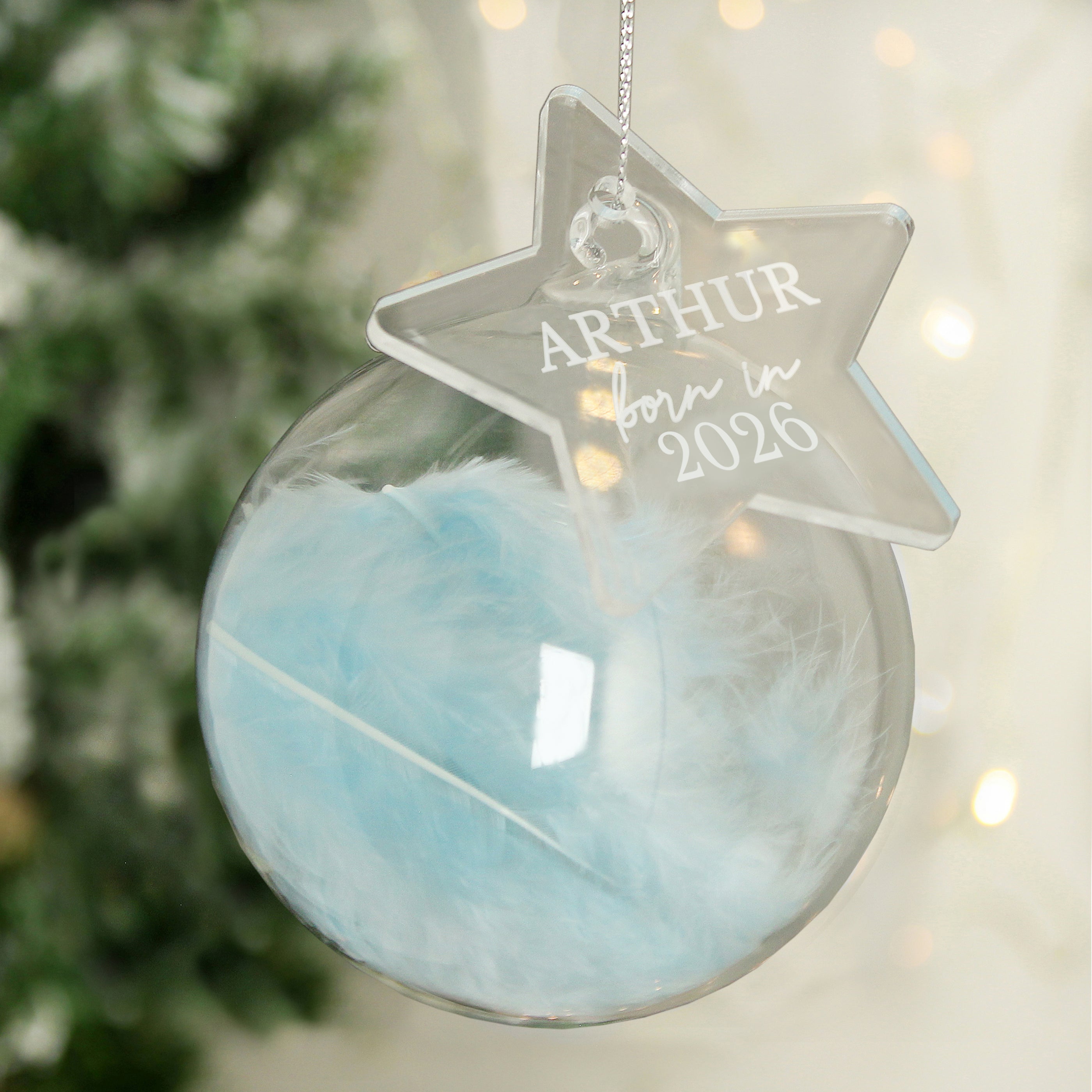 Personalised Born In Blue Feather Glass Bauble With Star Tag |  | Inspired Creative Gifts