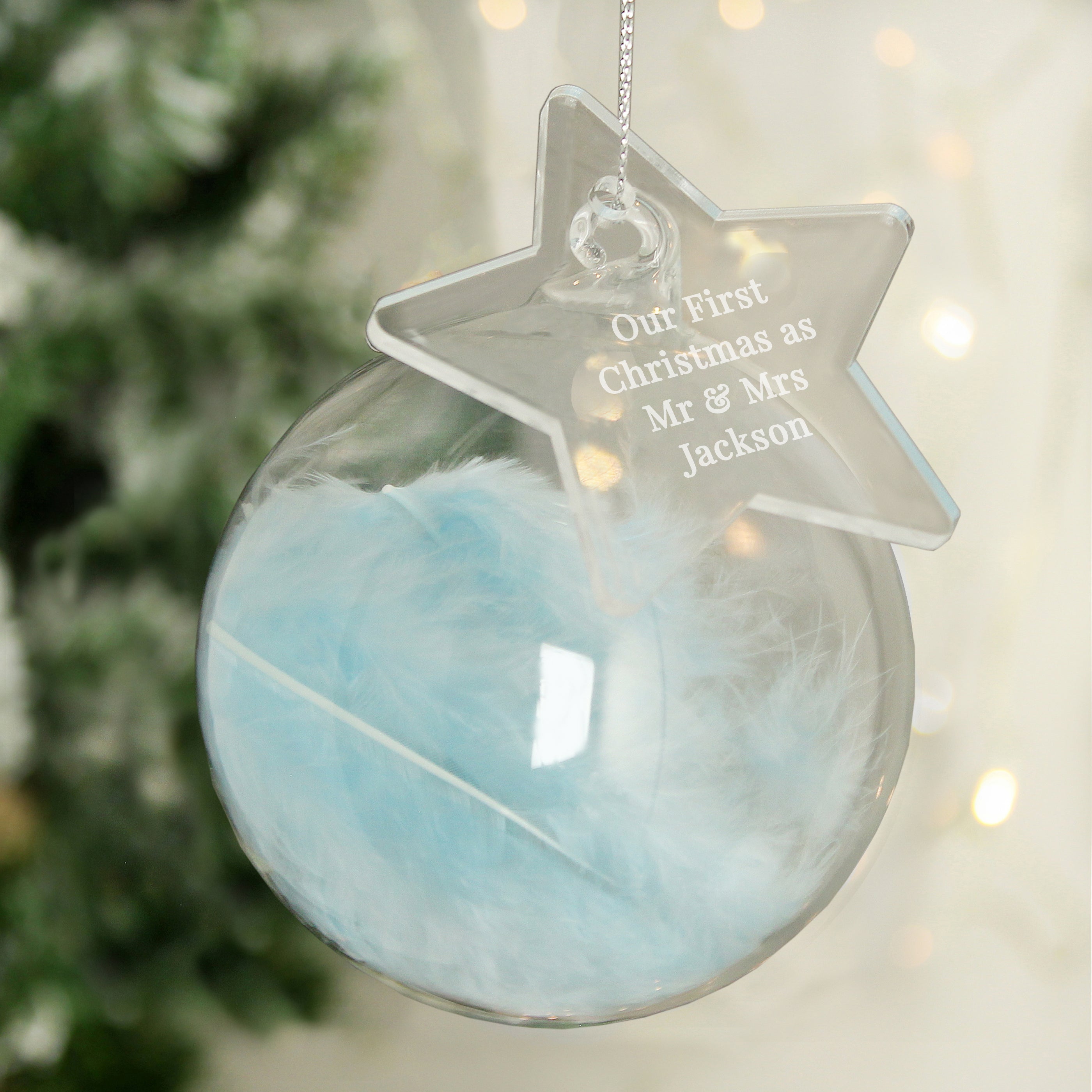 Personalised Free Text Blue Feather Glass Bauble With Star Tag |  | Inspired Creative Gifts