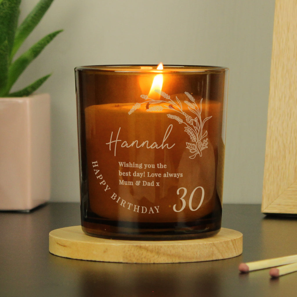 Personalised Birthday Amber Glass Candle | Candles & Reed Diffusers