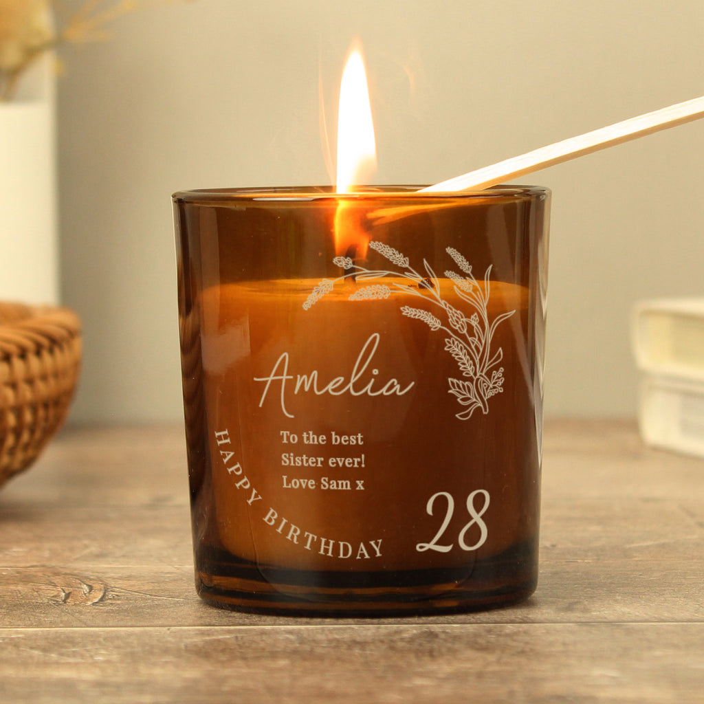 Personalised Birthday Amber Glass Candle | Candles & Reed Diffusers