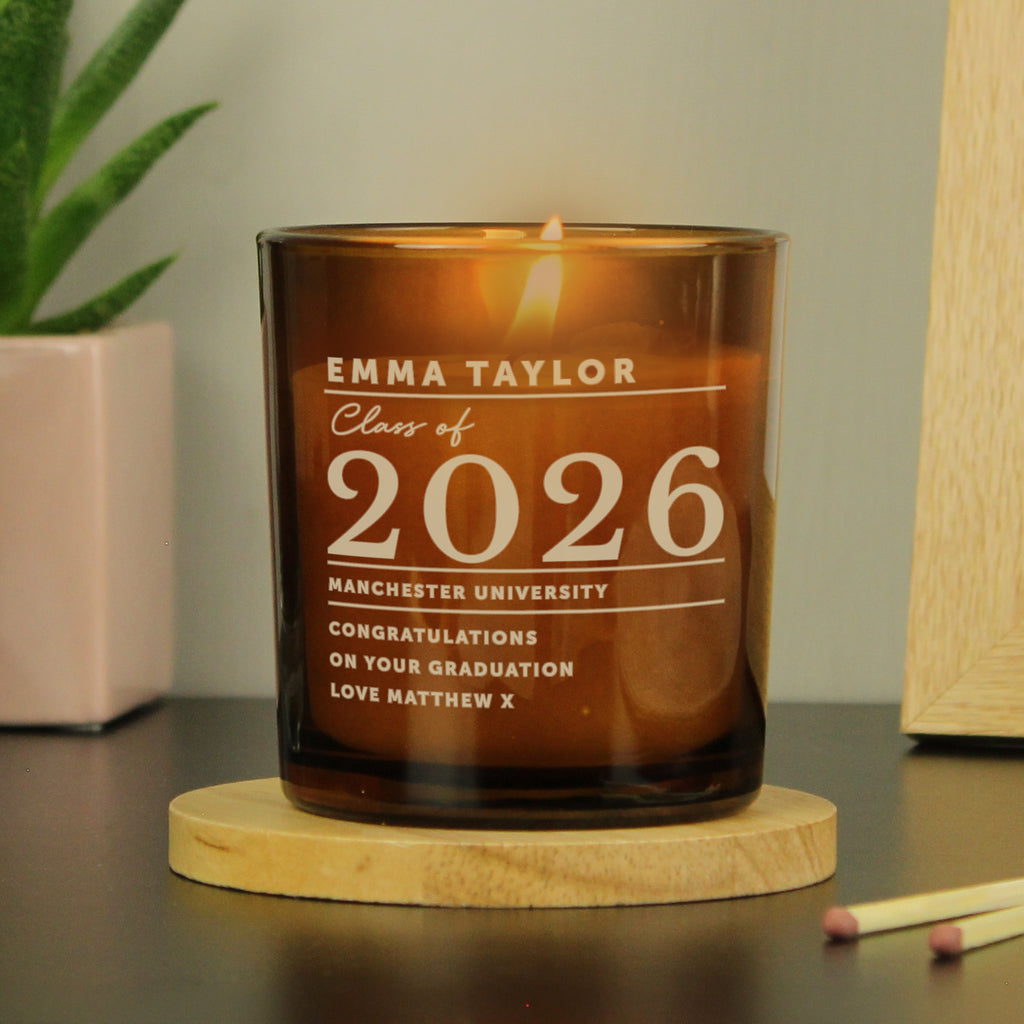 Personalised Graduation Amber Glass Candle | Candles & Reed Diffusers