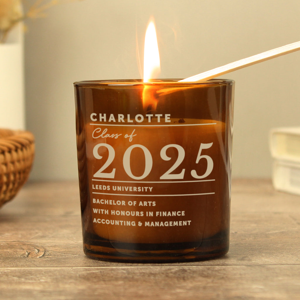 Personalised Graduation Amber Glass Candle | Candles & Reed Diffusers