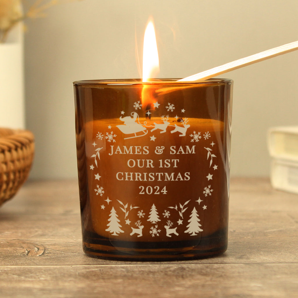 Personalised Engraved Christmas Amber Glass Candle | Candles & Reed Diffusers | Christmas Gift