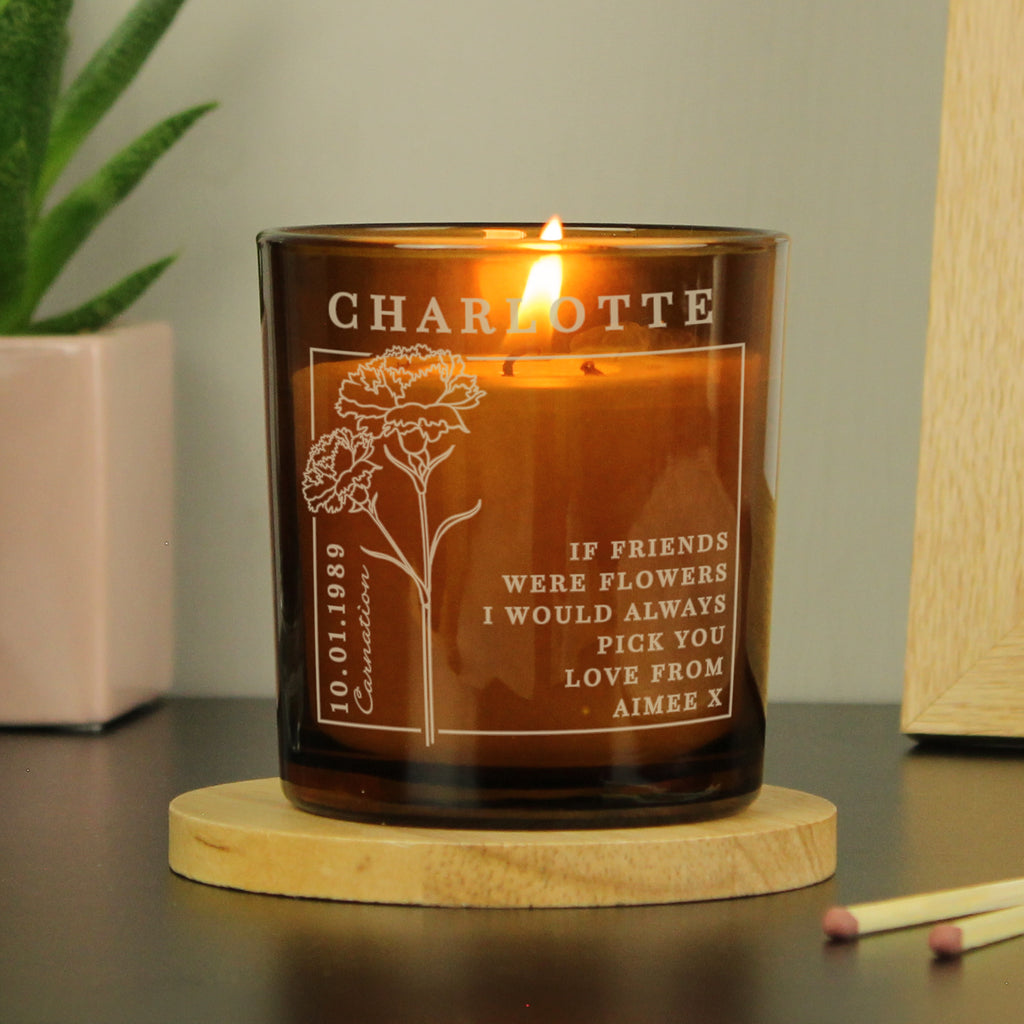 Personalised January Birth Flower Amber Glass Candle | Candles & Reed Diffusers | Inspired Creative Gifts