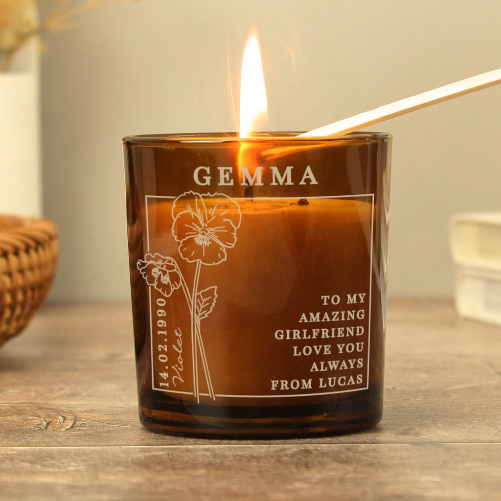 Personalised February Birth Flower Amber Glass Candle | Candles & Reed Diffusers | Birthday Gift