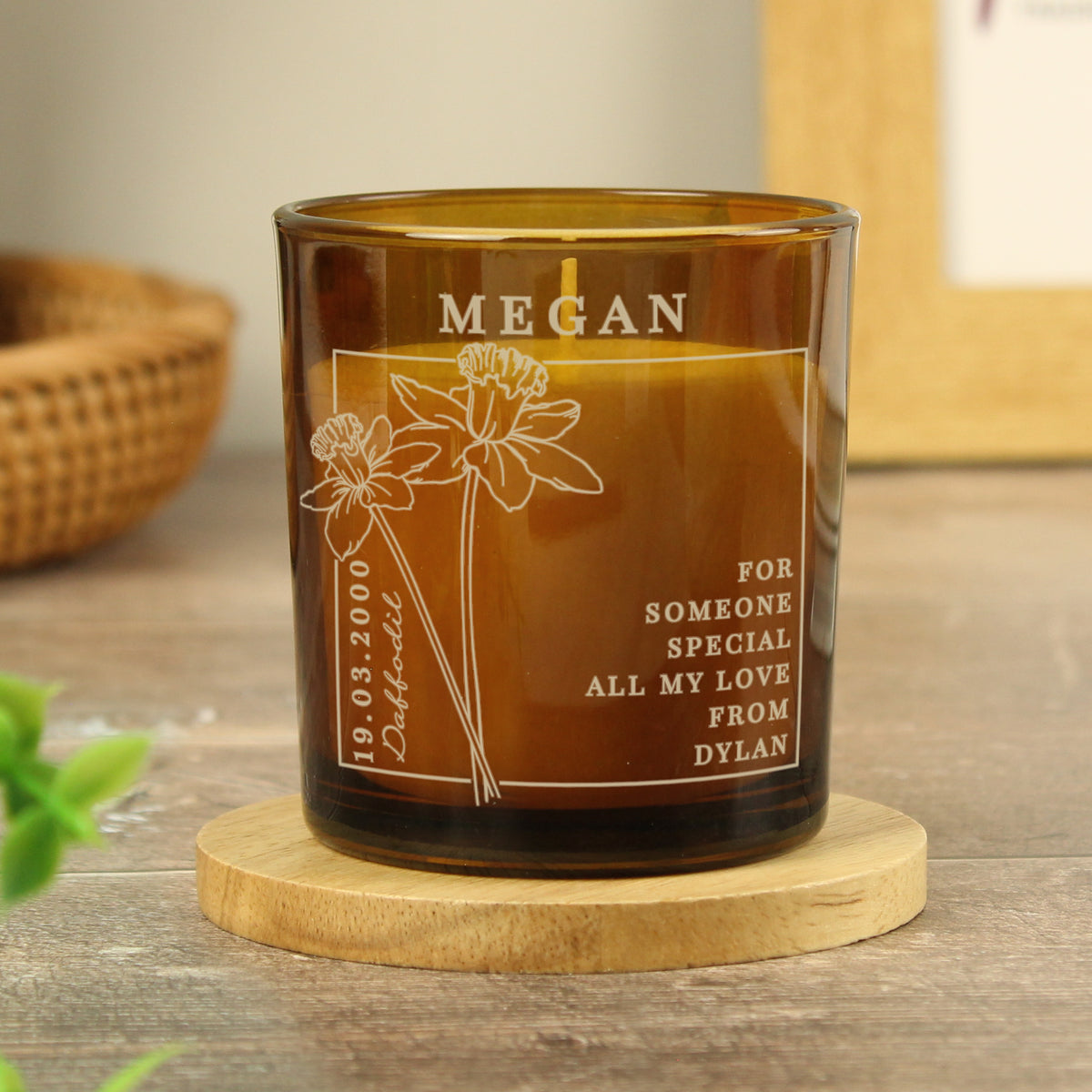 Personalised March Birth Flower Amber Glass Candle | Candles & Reed Diffusers | Inspired Creative Gifts