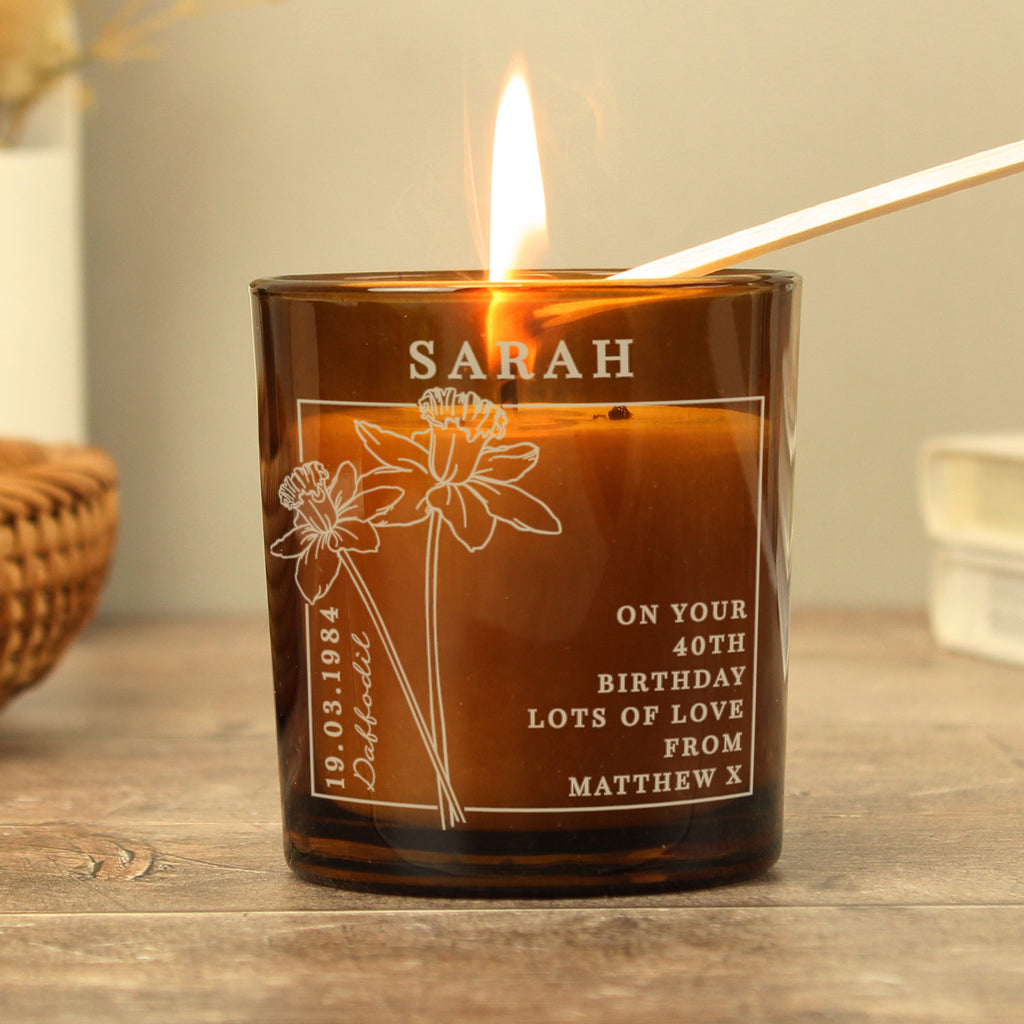Personalised March Birth Flower Amber Glass Candle | Candles & Reed Diffusers | Inspired Creative Gifts