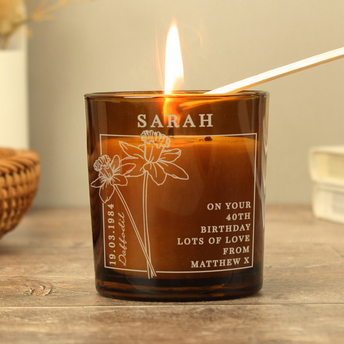 Personalised March Birth Flower Amber Glass Candle | Candles & Reed Diffusers | Inspired Creative Gifts