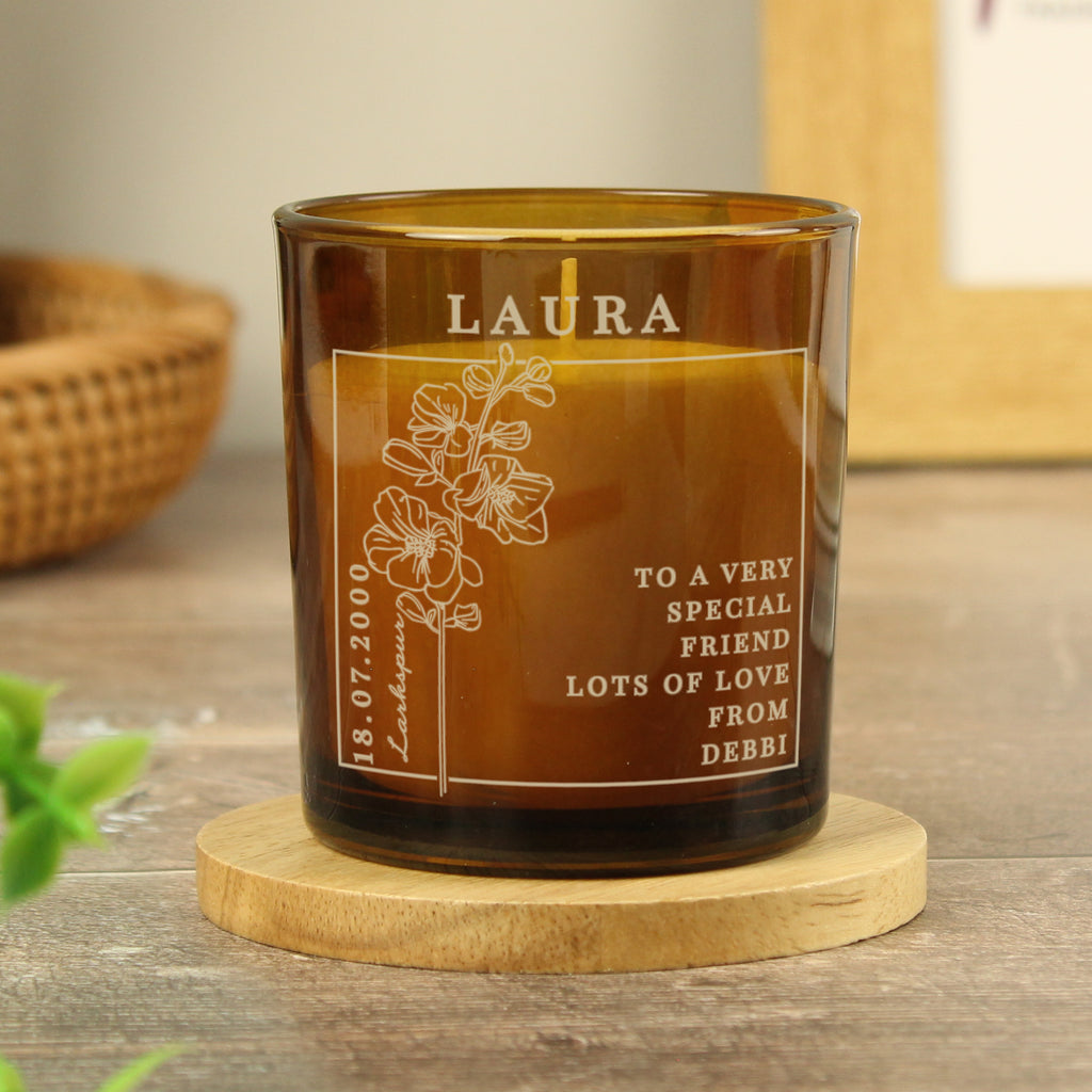 Personalised July Birth Flower Amber Glass Candle | Candles & Reed Diffusers | Inspired Creative Gifts