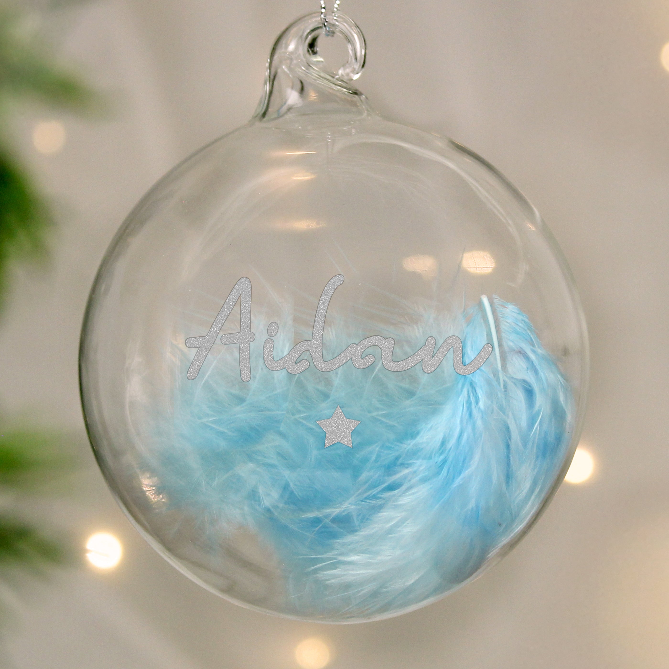 Personalised Blue Feather Silver Star Glass Bauble |  | Inspired Creative Gifts