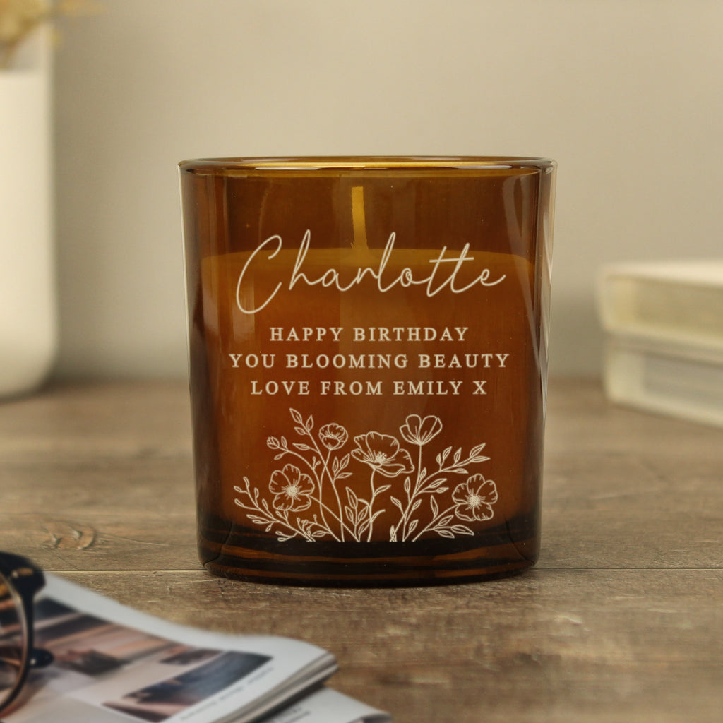 Personalised Wild Flowers Amber Glass Candle | Candles & Reed Diffusers