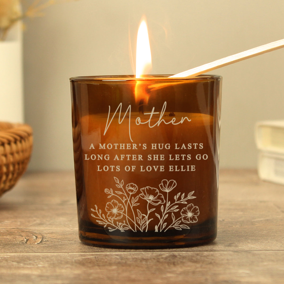 Personalised Wild Flowers Amber Glass Candle | Candles & Reed Diffusers