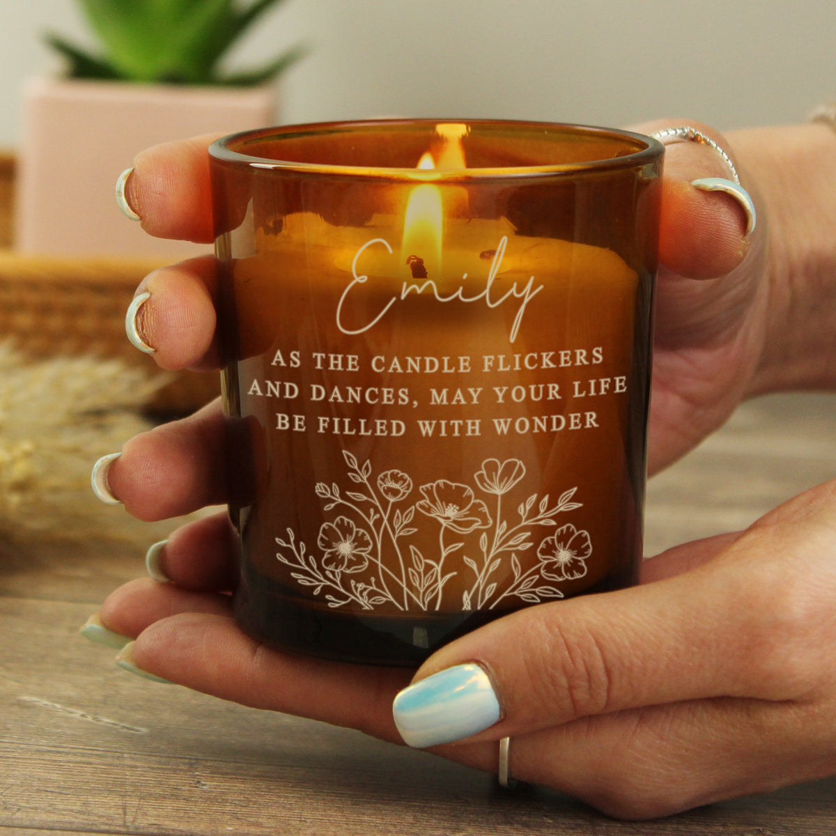 Personalised Wild Flowers Amber Glass Candle | Candles & Reed Diffusers