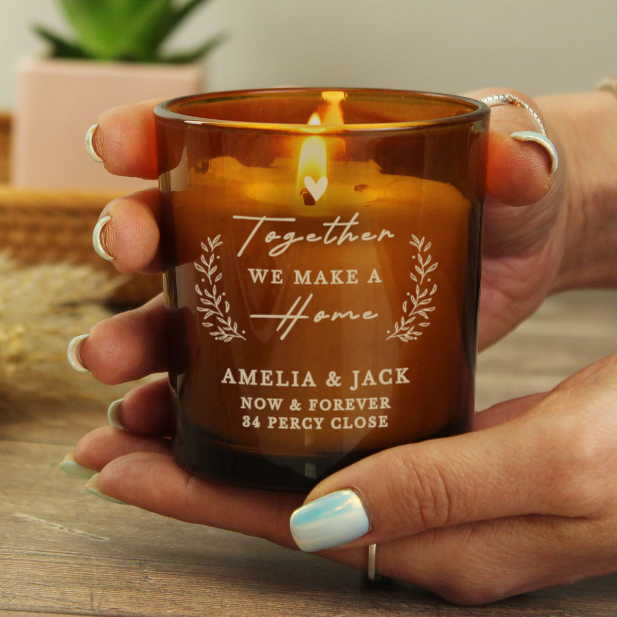 Personalised Engraved Home Amber Glass Candle for New Home
