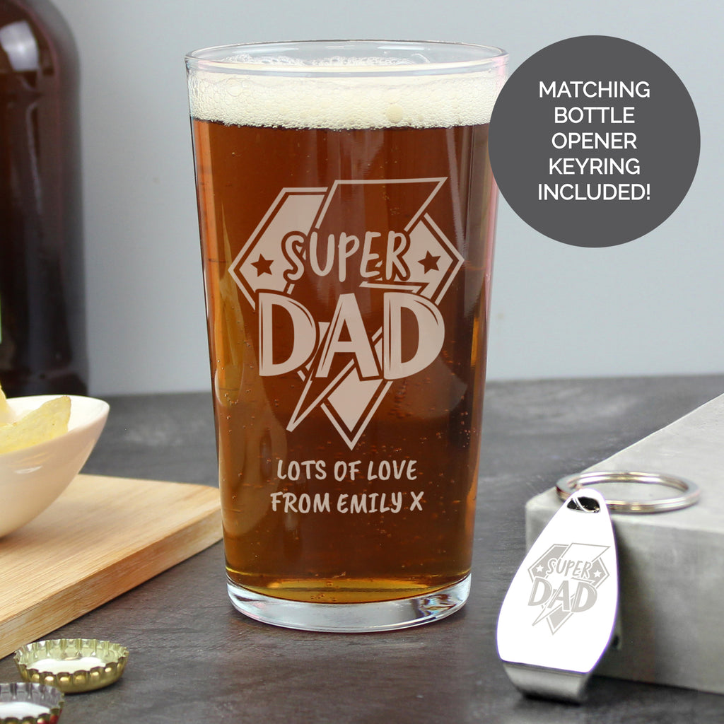 Personalised Super Dad Pint Glass & Bottle Opener | Father's Day Gift