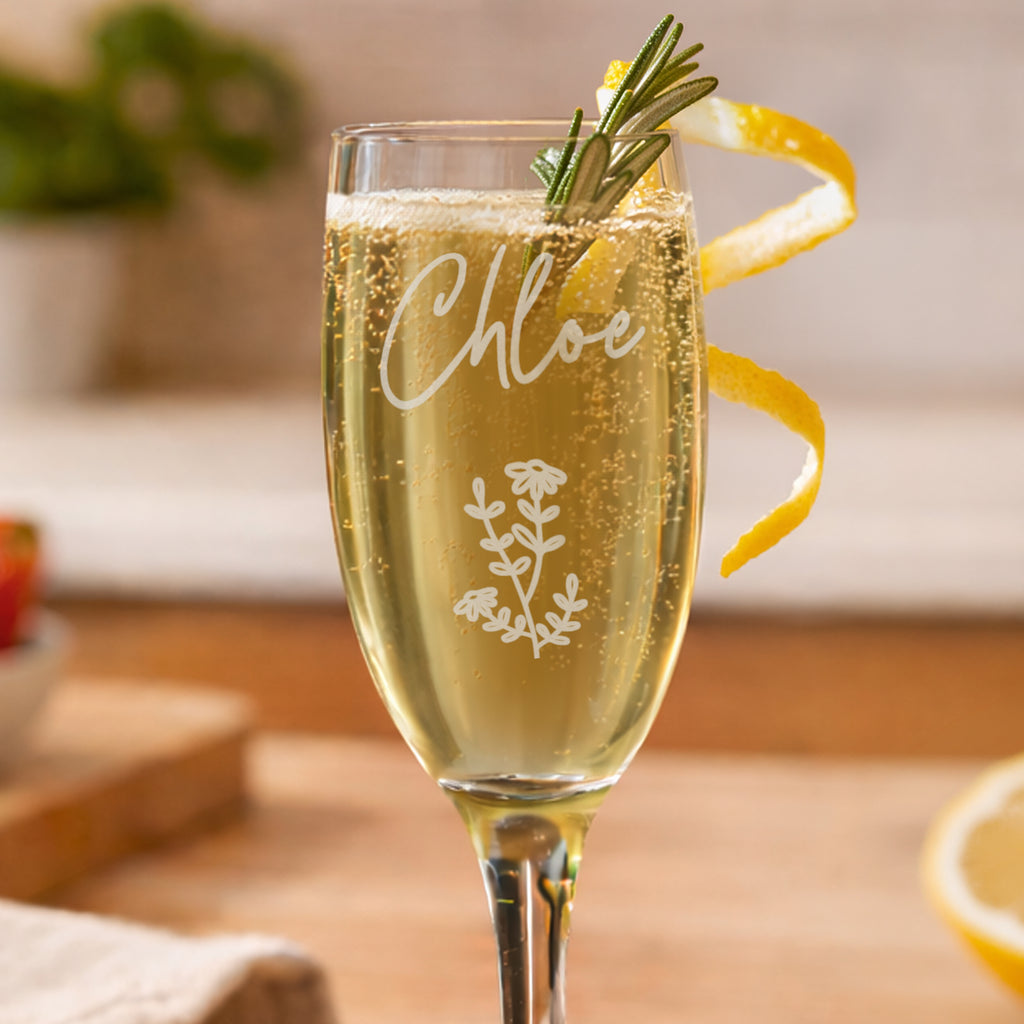 Personalised Flower Motif Flute Glass | Gift for Her