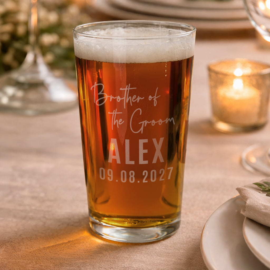 Personalised Brother of the Groom Elegant Pint Glass for Wedding