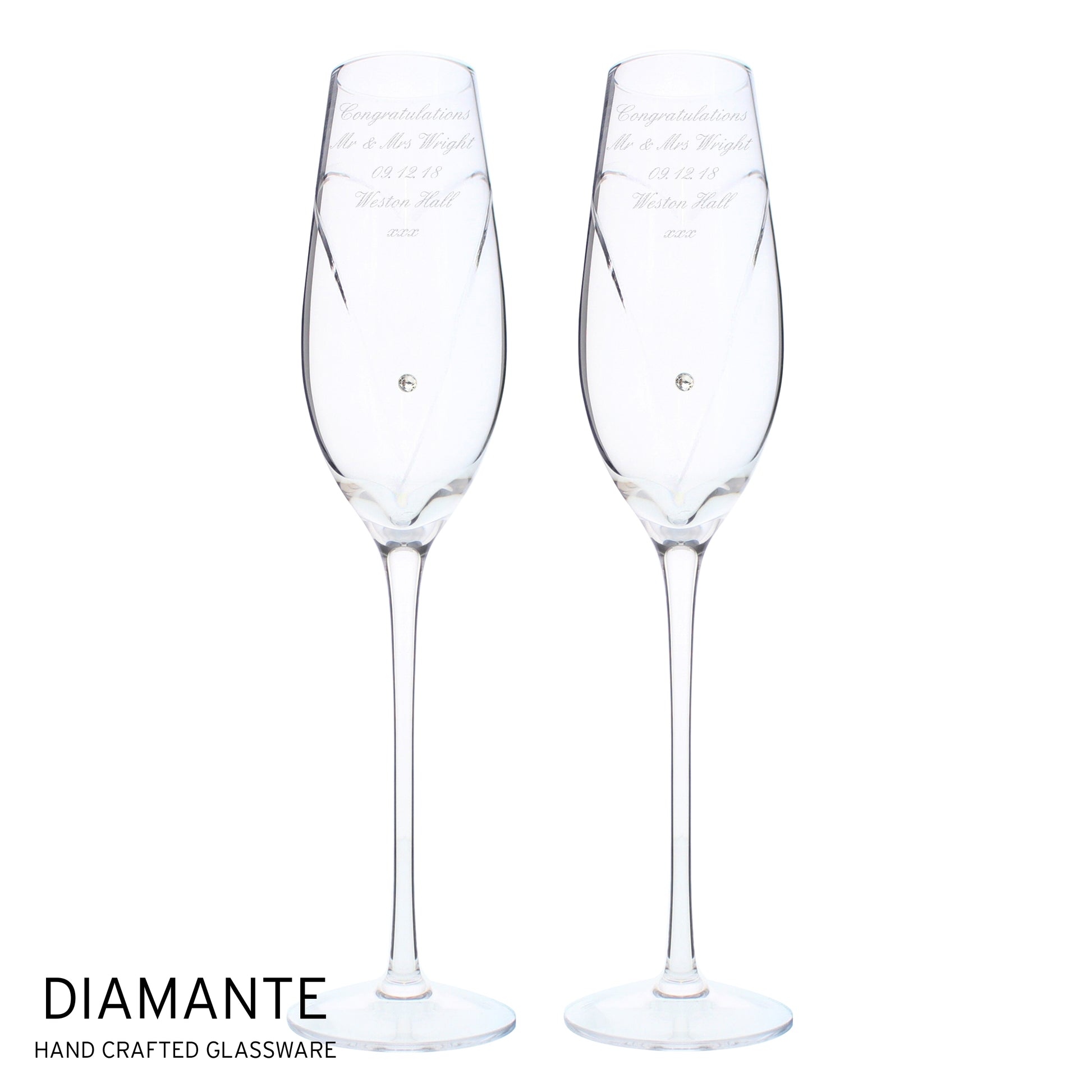 Personalised Hand Cut Heart Pair of Flutes with Gift Box - Champagne Flute - Inspired Creative Gifts