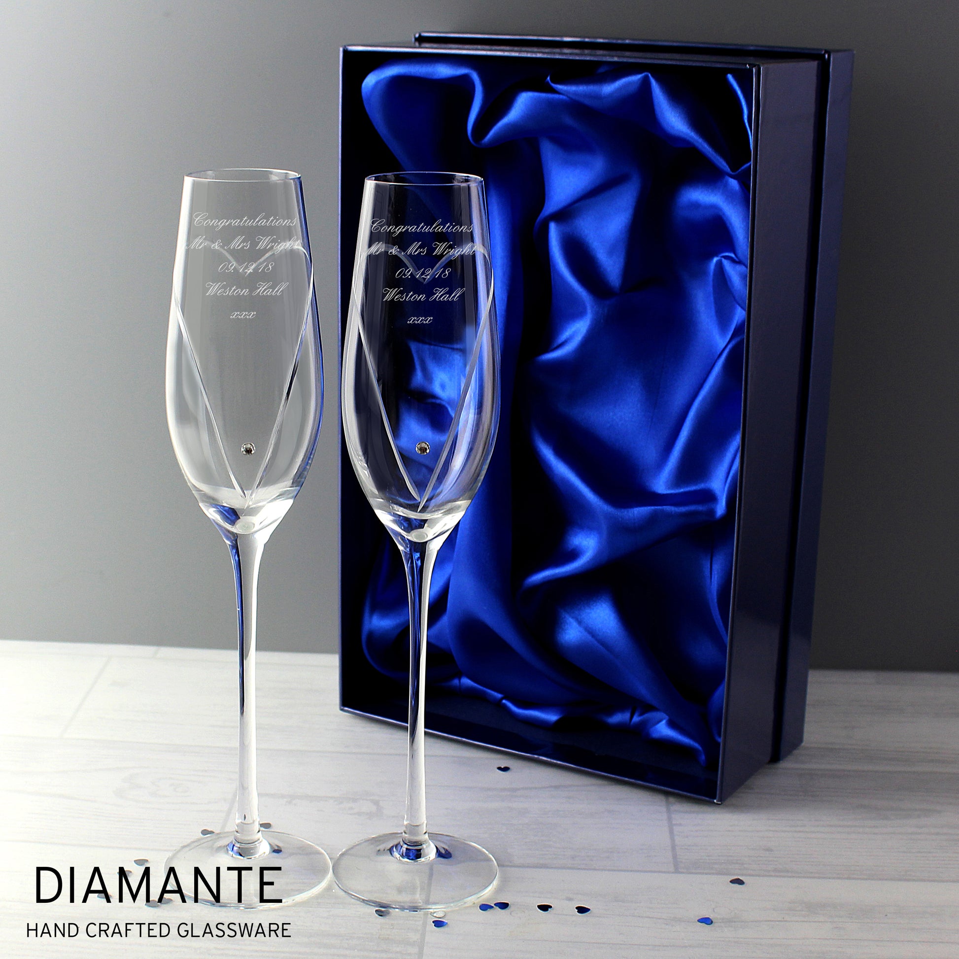 Personalised Hand Cut Heart Pair of Flutes with Gift Box - Champagne Flute - Inspired Creative Gifts