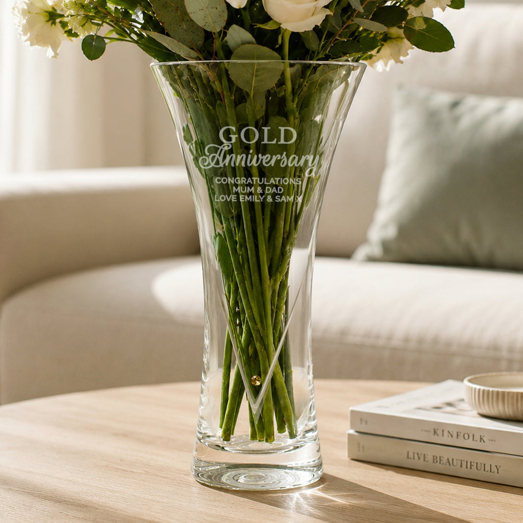 Personalised Gold Anniversary Large Hand Cut Diamond Effect Heart Vase | Vases | Inspired Creative Gifts