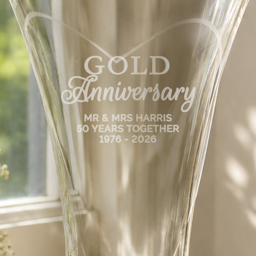 Personalised Gold Anniversary Large Hand Cut Diamond Effect Heart Vase | Vases | Inspired Creative Gifts