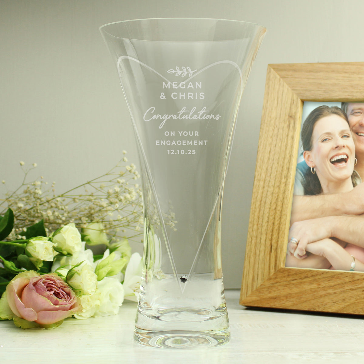 Personalised Leaf Motif Hand Cut Diamond Effect Heart Vase | Vases