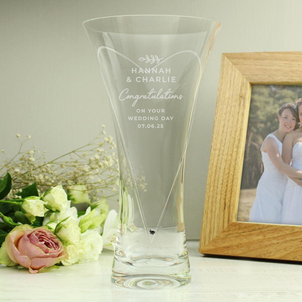 Personalised Leaf Motif Hand Cut Diamond Effect Heart Vase | Vases