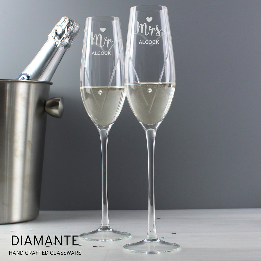 Personalised Hand Cut Mr & Mrs Pair of Flutes in Gift Box - Champagne Flute - Inspired Creative Gifts