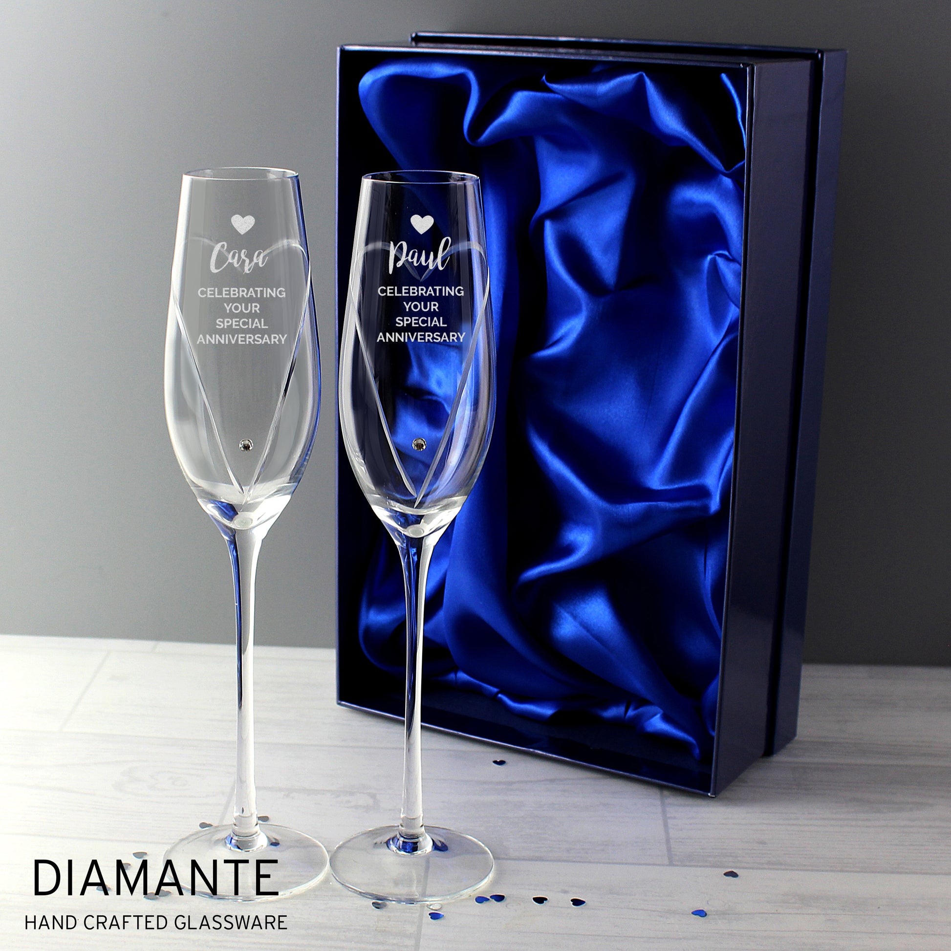 Personalised Hand Cut Heart Celebration Pair of Flutes with Gift Box - Champagne Flute - Inspired Creative Gifts