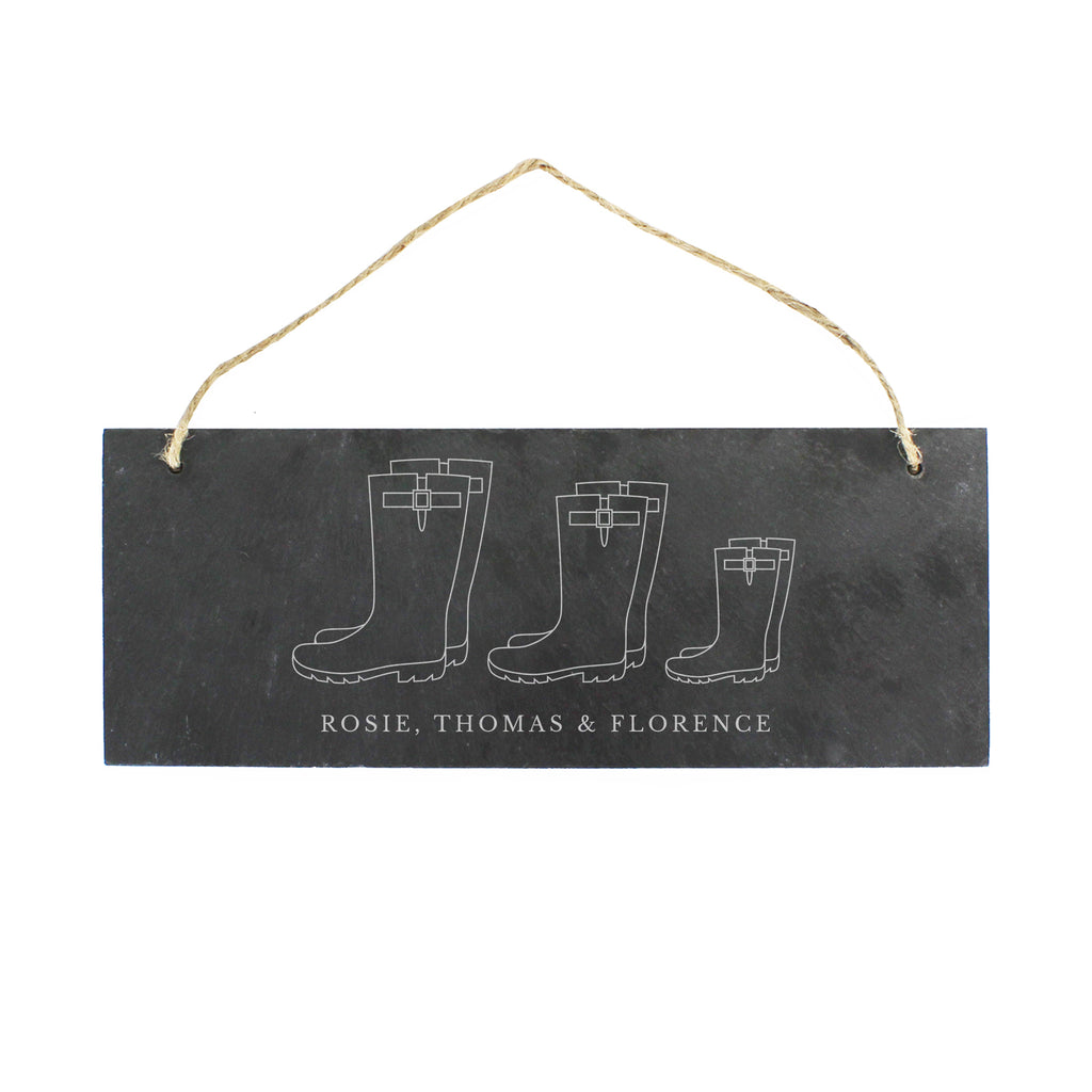 Personalised Welly Boot Family of Three Hanging Slate Plaque | Hanging Decorations & Signs | Inspired Creative Gifts