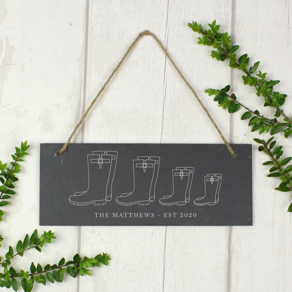 Personalised Welly Boot Family of Four Hanging Slate Plaque | Hanging Decorations & Signs | Inspired Creative Gifts