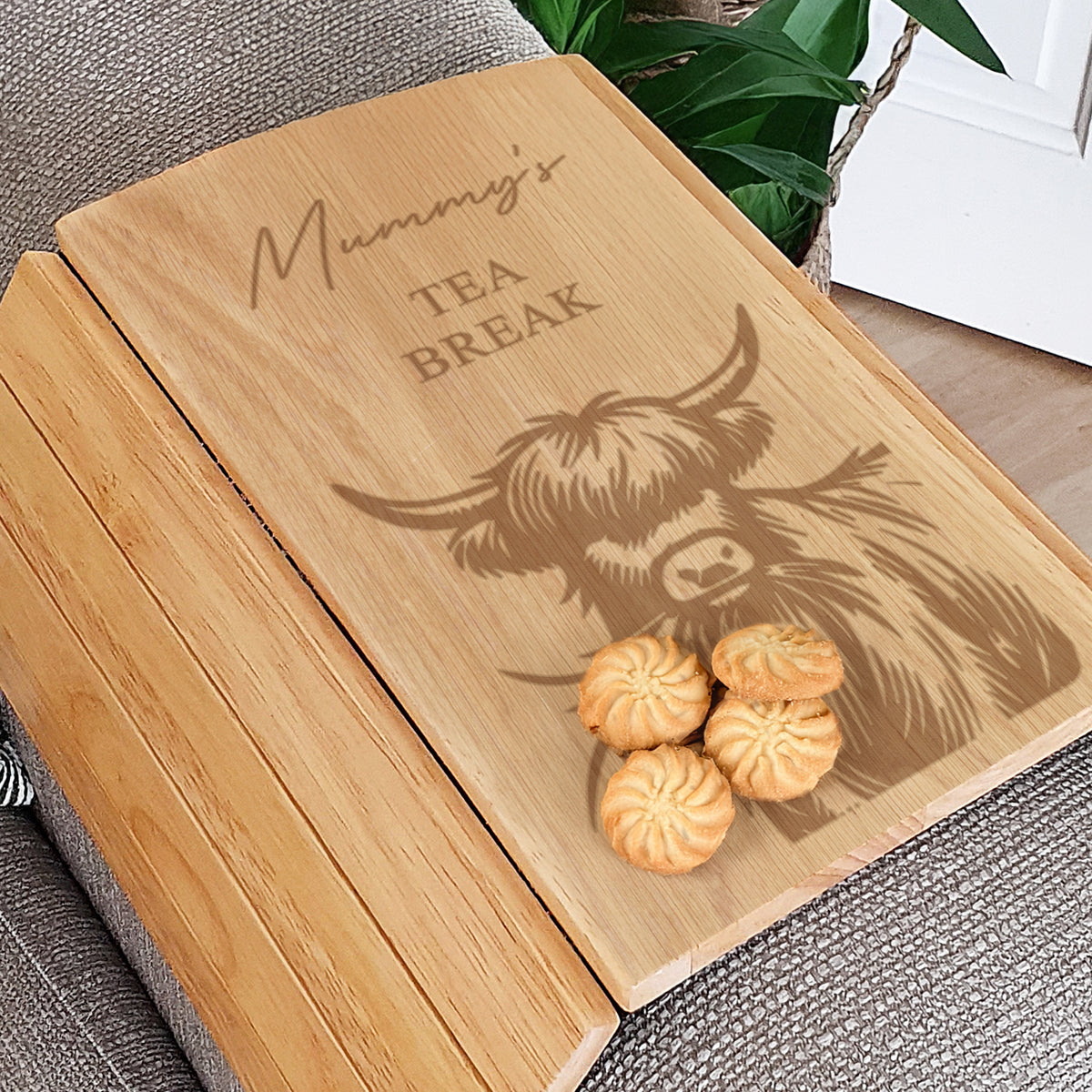 Personalised Highland Cow Sofa Tray | Wooden | Inspired Creative Gifts