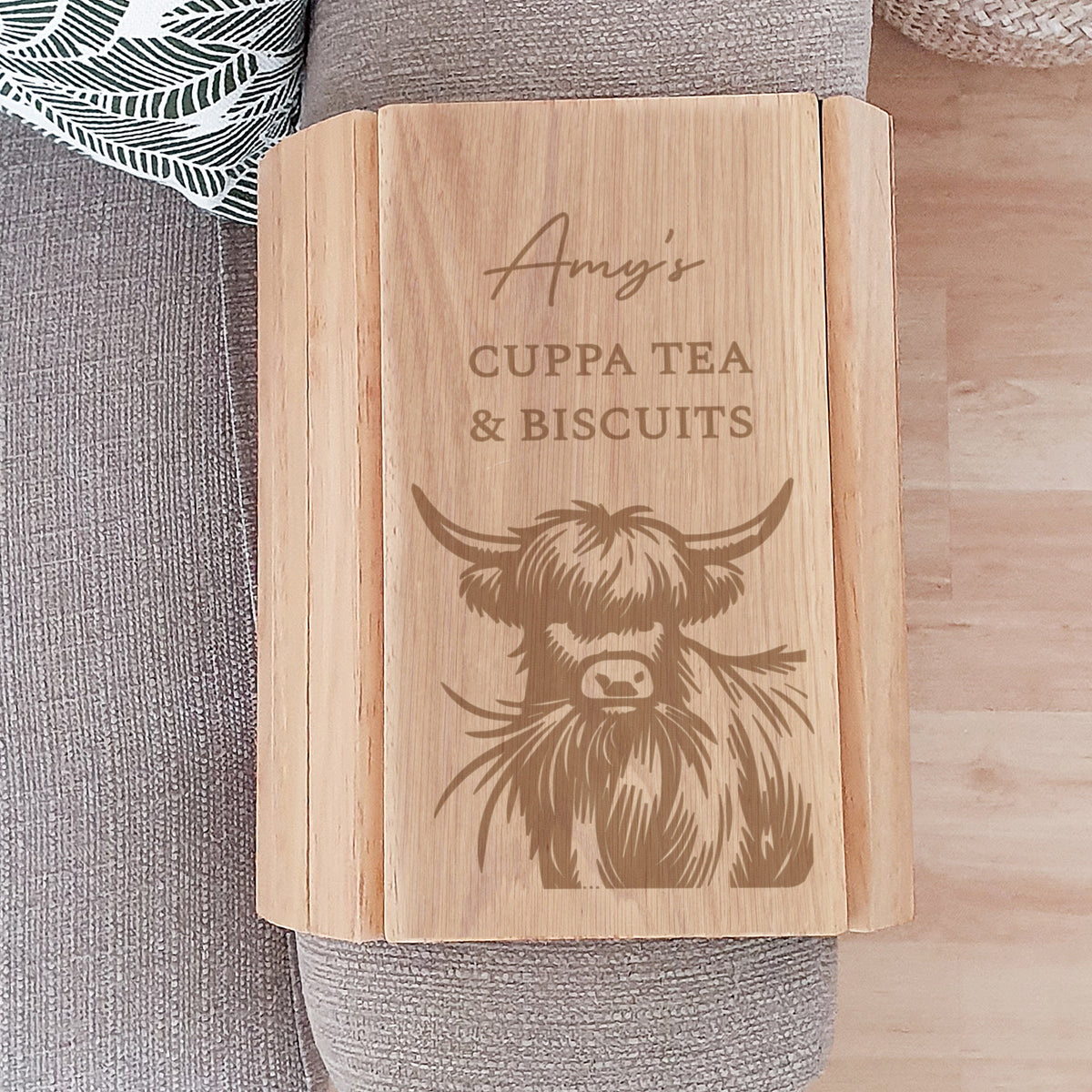 Personalised Highland Cow Sofa Tray | Wooden | Inspired Creative Gifts