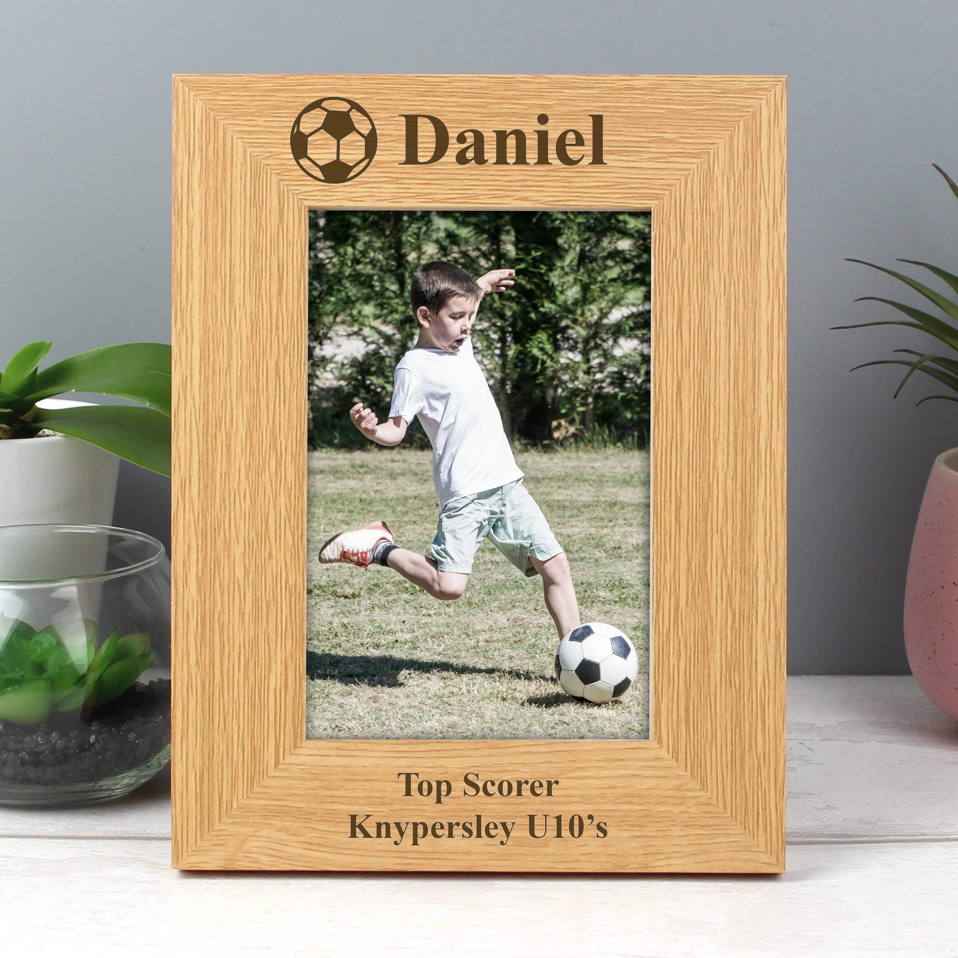 Personalised Oak Finish 6x4 Football Photo Frame - Inspired Creative Gifts