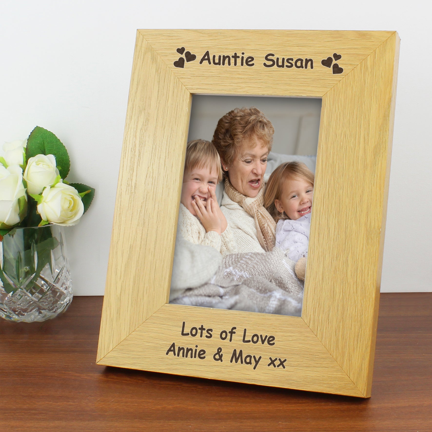 Personalised Hearts 6x4 Oak Finish Photo Frame - Inspired Creative Gifts
