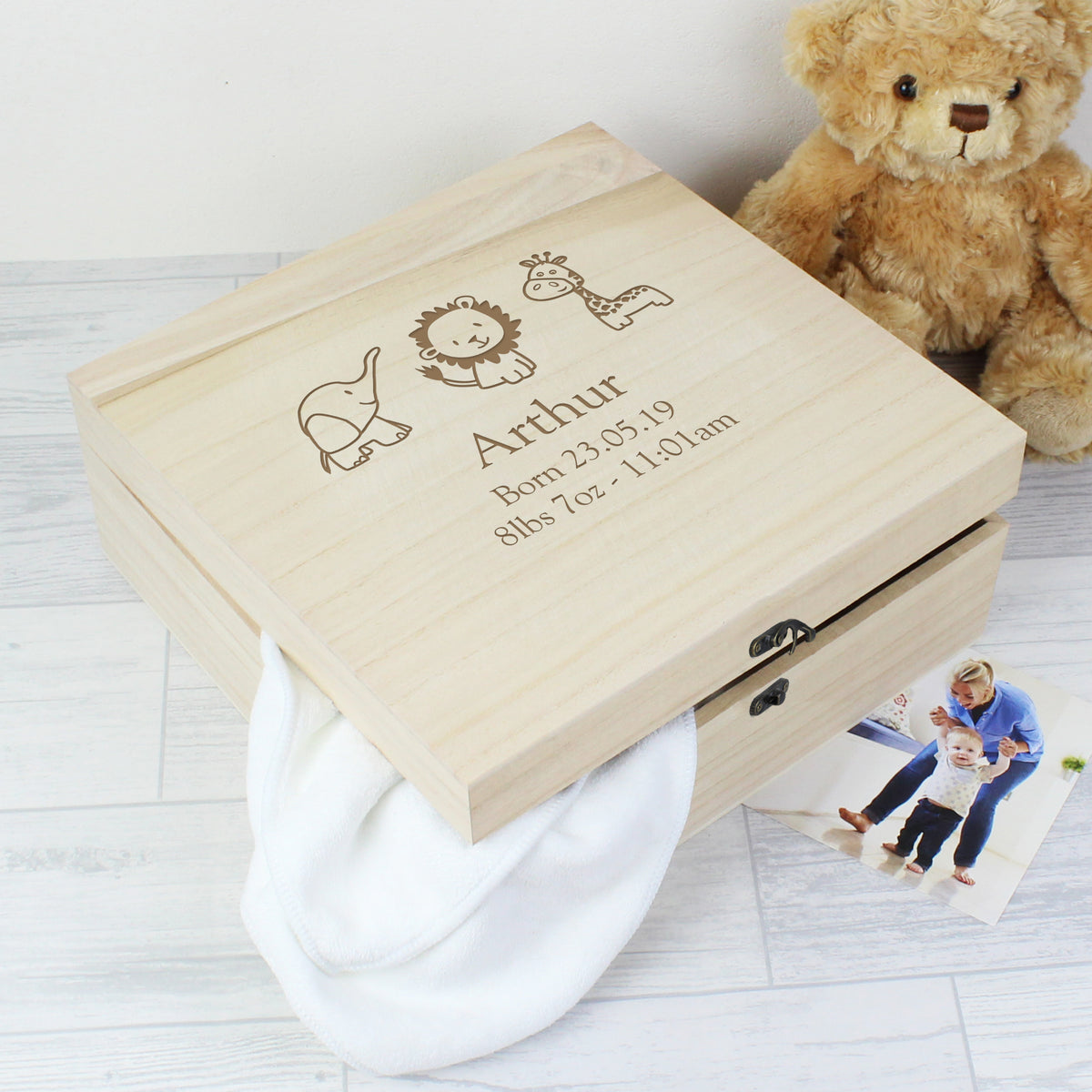 Personalised Hessian Friends Large Wooden Keepsake Box for New Baby