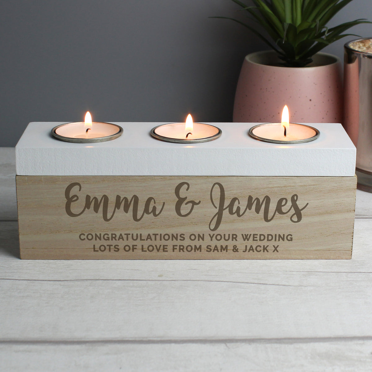 Personalised Free Text Triple Tea Light Box | Wooden | Inspired Creative Gifts
