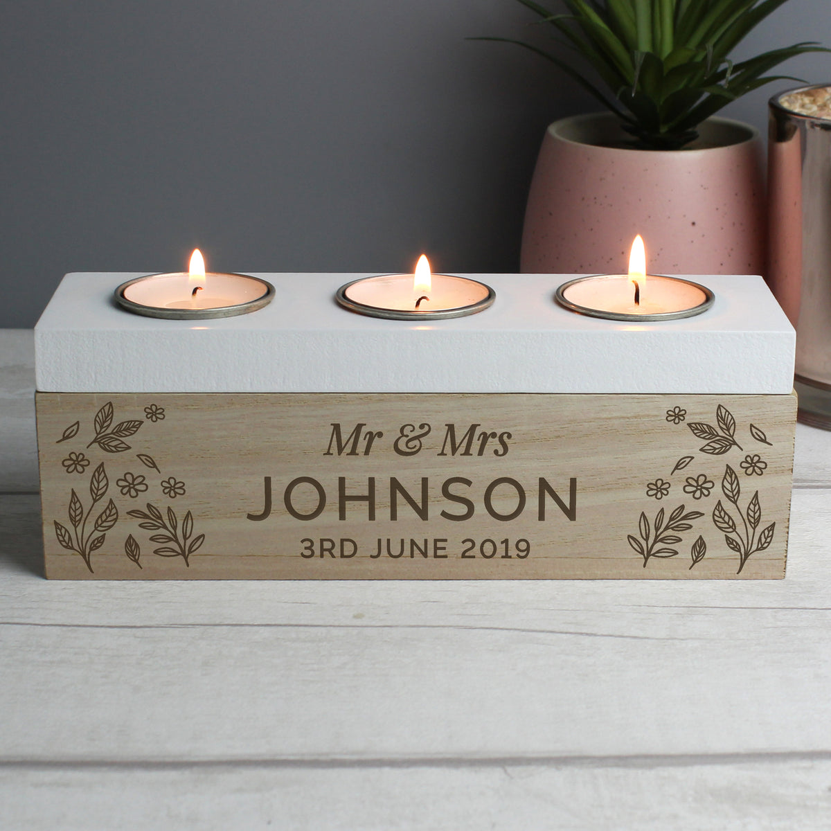 Personalised Floral Triple Tea Light Box for Wedding