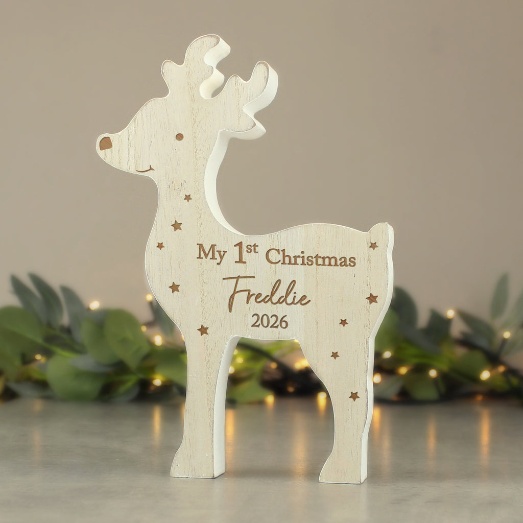 Personalised '1st Christmas' Rustic Wooden Reindeer Decoration | Hanging Decorations & Signs | Christmas Gift